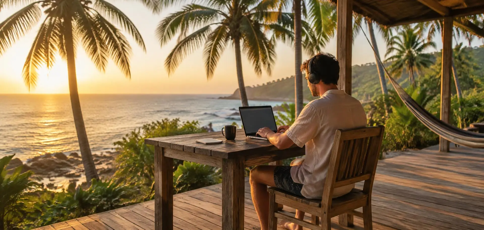 Remote arbeiten unter Palmen mit Laptop und Headset