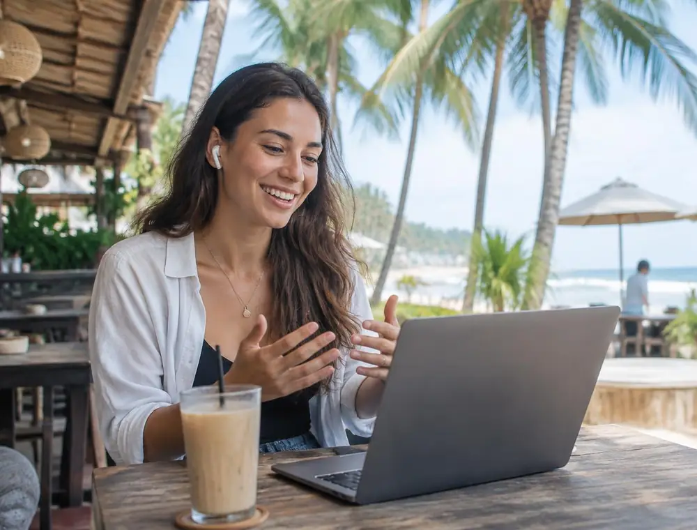 Verkaufsgespräch per Video im Strandcafé