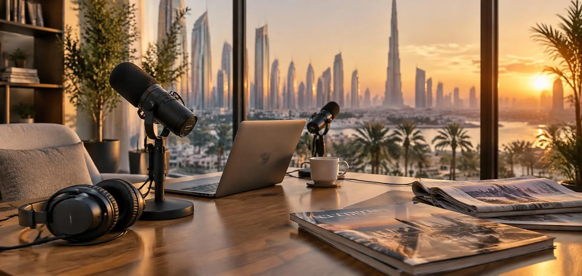 Podcast-Studio mit Mikrofonen, Zeitungen und Blick auf die Skyline von Dubai